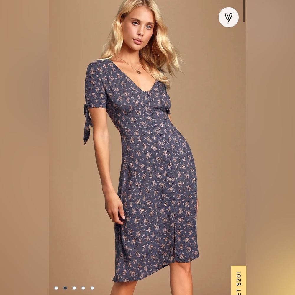 Marleigh Navy Blue Floral Print Tie-Sleeve Midi Dress